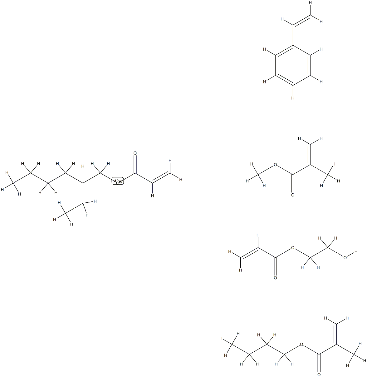 2-甲基-2-丙烯酸丁酯与苯乙烯、2-丙烯酸-2-乙基己酯、2-丙烯酸-2-羟乙酯和2-甲基-2-丙烯酸甲酯的聚合物, 51584-93-1, 结构式