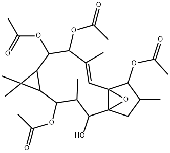 4a,7a-Epoxy-5H-cyclopenta[a]cyclopropa[f]cycloundecene-2,4,7,10,11-pen tol, 1,1a,2,3,4,6,7,10,11,11a-decahydro-1,1,3,6,9-pentamethyl-, 2,7,10 ,11-tetraacetate,51950-35-7,结构式