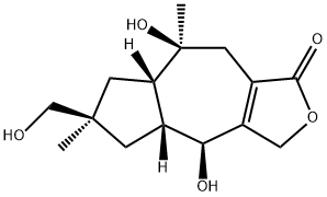 rel-(4α*,4aα*,7aα*)-4,4a,5,6,7,7a,8,9-オクタヒドロ-4,8α*-ジヒドロキシ-6α*-(ヒドロキシメチル)-6,8-ジメチルアズレノ[5,6-c]フラン-1(3H)-オン 化学構造式