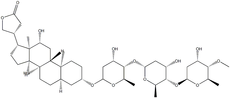 Cardanolide, 3-[(O-2,6-dideoxy-4-O-methyl-beta-d-ribo-hexopyranosyl-(1->4)-O-2,6-dideoxy-beta-d-ribo-hexopyranosyl-(1->4)-2,6-dideoxy-beta-d-ribo-hexopyranosyl)oxy]-12,14-dihydroxy-, (3beta,5beta,12beta)- 结构式