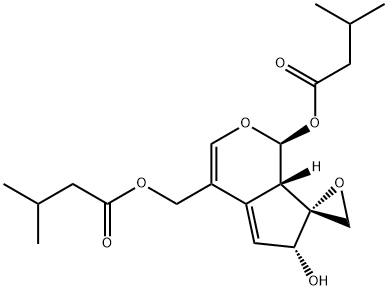 3-メチルブタン酸(1S,7R)-6,7aα-ジヒドロ-6β-ヒドロキシ-4-[(3-メチル-1-オキソブトキシ)メチル]スピロ[シクロペンタ[c]ピラン-7(1H),2'-オキシラン]-1α-イル 化学構造式