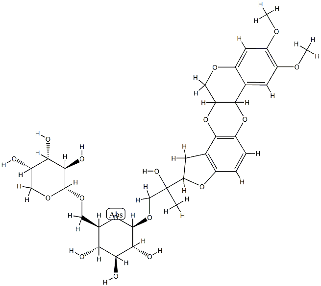 2-ヒドロキシ-2-(1,2,6a,12a-テトラヒドロ-8,9-ジメトキシ-12H-[1]ベンゾピラノ[4,3-b]フロ[3,2-f][1,4]ベンゾジオキシン-2-イル)プロピル6-O-α-L-アラビノピラノシル-β-D-グルコピラノシド 化学構造式