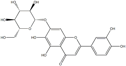 7-(β-D-グルコピラノシルオキシ)-2-(3,4-ジヒドロキシフェニル)-5,6-ジヒドロキシ-4H-1-ベンゾピラン-4-オン 化学構造式