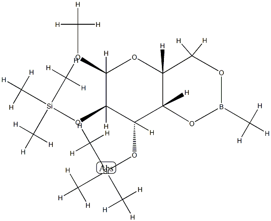 メチル2-O,3-O-ビス(トリメチルシリル)-4-O,6-O-(メチルボランジイル)-α-D-ガラクトピラノシド 化学構造式