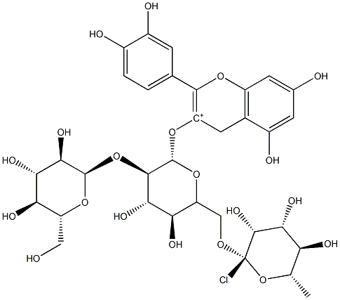 3-[(O-6-去氧-ALPHA-L-吡喃甘露糖基-(1->6)-O-[D-葡萄糖基-(1->2)]-BETA-D-葡萄糖基)氧基]-2-(3,4-二羟基苯基)-5,7-二羟基-1-苯并吡喃氯化物, 55028-57-4, 结构式