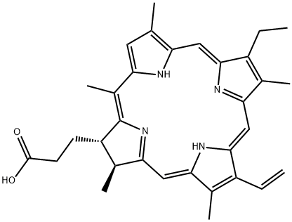 (2S)-8-Vinyl-13-ethyl-2,3-dihydro-3α,7,12,17,20-pentamethyl-21H,23H-porphyrin-2-propionic acid Struktur