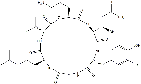 Cyclo[Gly-6,6-dimethyl-L-Nle-D-Val-D-Orn-[(3R)-3-hydroxy-L-Gln-]-5-chloro-D-Tyr-],55598-63-5,结构式