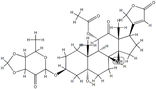 11α-(アセチルオキシ)-3β-[[6-メチル-4,5-(メチレンビスオキシ)テトラヒドロ-3-オキソ-2H-ピラン-2-イル]オキシ]-5,14-ジヒドロキシ-12-オキソ-5α-カルダ-20(22)-エノリド 化学構造式