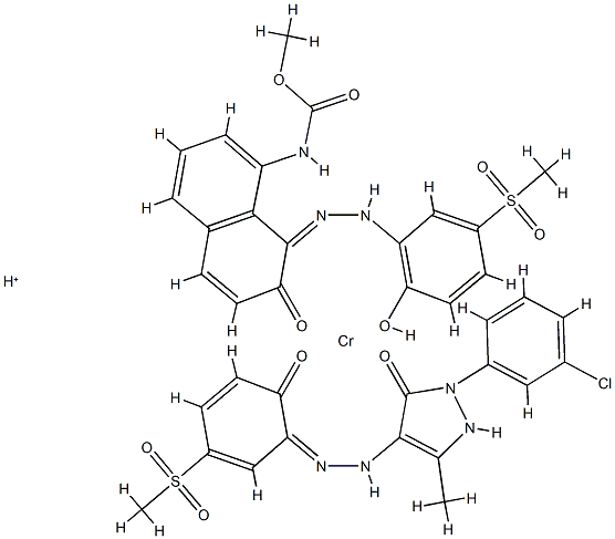 Chromate(1-), [2-(3-chlorophenyl)-2,4-dihydro-4-[[2-hydroxy-5-(methylsulfonyl)phenyl]azo]-5-methyl-3H-pyrazol-3-onato(2-)][methyl [7-hydroxy-8-[[2-hydroxy-5-(methylsulfonyl)phenyl]azo]-1-naphthalenyl]carbamato(2-)]-, hydrogen Struktur