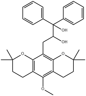 3-(3,4,7,8-テトラヒドロ-5-メトキシ-2,2,8,8-テトラメチル-2H,6H-ベンゾ[1,2-b:5,4-b']ジピラン-10-イル)-1,1-ジフェニル-1,2-プロパンジオール 化学構造式