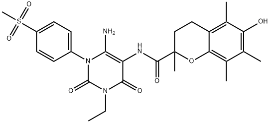 2H-1-Benzopyran-2-carboxamide,  N-[6-amino-3-ethyl-1,2,3,4-tetrahydro-1-[4-(methylsulfonyl)phenyl]-2,4-dioxo-5-pyrimidinyl]-3,4-dihydro-6-hydroxy-2,5,7,8- Structure