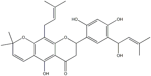 8-[2,4-ジヒドロキシ-5-(1-ヒドロキシ-3-メチル-2-ブテニル)フェニル]-7,8-ジヒドロ-5-ヒドロキシ-2,2-ジメチル-10-(3-メチル-2-ブテニル)-2H,6H-ベンゾ[1,2-b:5,4-b']ジピラン-6-オン 化学構造式