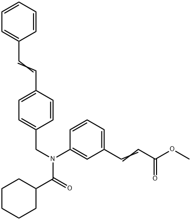 3-(3-(N-(4-スチリルベンジル)シクロヘキサンカルボキサミド)フェニル)アクリル酸(E)-メチル 化学構造式