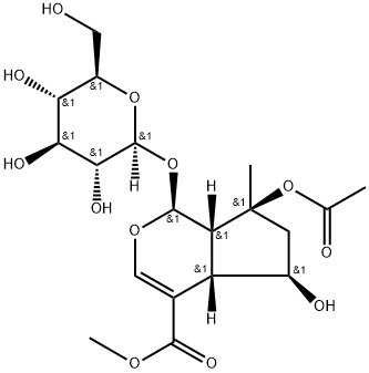 (1S)-1α-(β-D-グルコピラノシルオキシ)-5α-ヒドロキシ-7α-アセトキシ-7-メチル-1,4aα,5,6,7,7aα-ヘキサヒドロシクロペンタ[c]ピラン-4-カルボン酸メチル 化学構造式
