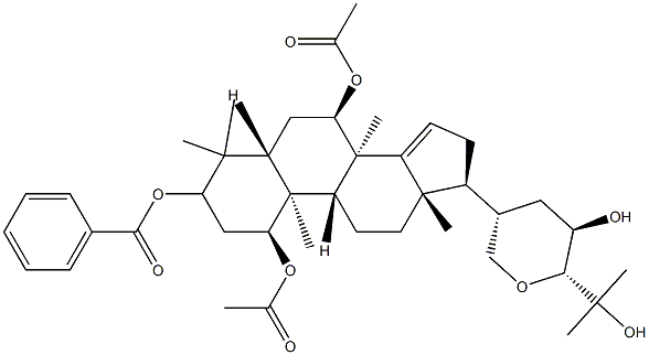 (13α,17α,20S,23R,24R)-21,24-エポキシ-4,4,8-トリメチル-5α-コレスタ-14-エン-1α,3α,7α,23,25-ペンタオール1,7-ジアセタート3-ベンゾアート 化学構造式