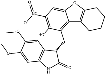 2H-Indol-2-one,1,3-dihydro-5,6-dimethoxy-3-[(6,7,8,9-tetrahydro-2-hydroxy-3-nitro-1-dibenzofuranyl)methylene]-(9CI) 化学構造式