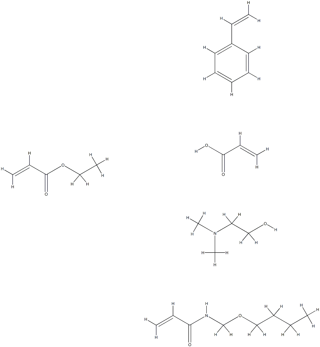 2-Propenoic acid, polymer with N-(butoxymethyl)-2-propenamide, ethenylbenzene and ethyl 2-propenoate, compd. with 2-(dimethylamino)ethanol 结构式