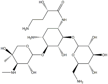 4-O-(6-Amino-6-deoxy-α-D-glucopyranosyl)-6-O-[3-deoxy-4-C-methyl-3-(methylamino)-β-L-arabinopyranosyl]-N'-[(S)-4-amino-2-hydroxy-1-oxobutyl]-2-deoxy-D-streptamine,58152-06-0,结构式