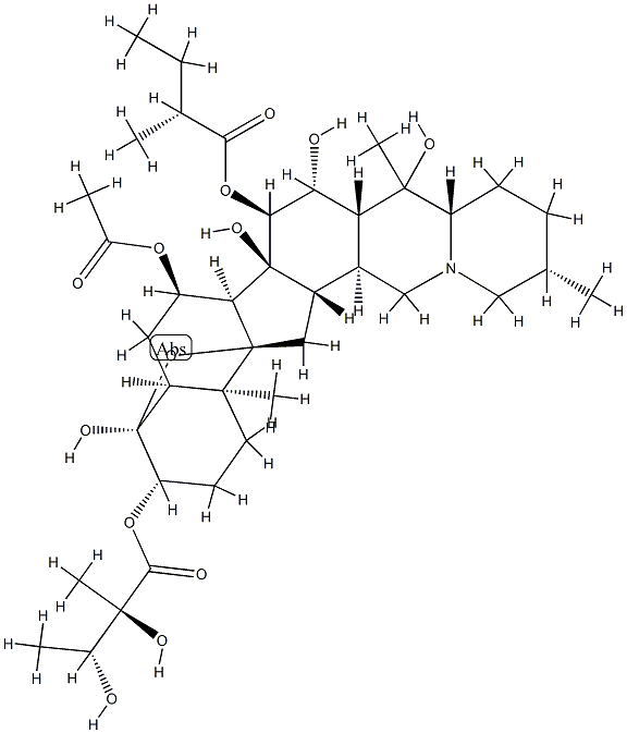 4α,9-エポキシセバン-3β,4,7α,14,15α,16β,20-ヘプタオール7-アセタート3-[(2R,3R)-2,3-ジヒドロキシ-2-メチルブタノアート]15-[(R)-2-メチルブタノアート] 化学構造式