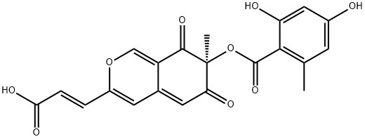 (E)-3-[(S)-7,8-ジヒドロ-6,8-ジオキソ-7-メチル-7α-(2,4-ジヒドロキシ-6-メチルベンゾイルオキシ)-6H-2-ベンゾピラン-3-イル]プロペン酸 化学構造式