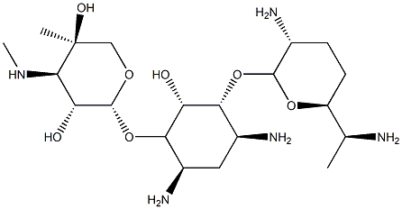 6-O-(3-デオキシ-4-メチル-3-メチルアミノ-β-L-アラビノピラノシル)-4-O-(2,6-ジアミノ-2,3,4,6,7-ペンタデオキシ-β-L-lyxo-ヘプトピラノシル)-2-デオキシ-D-ストレプタミン 化学構造式