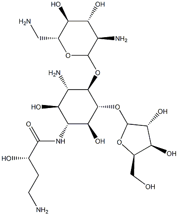 4-O-(2,6-Diamino-2,6-dideoxy-α-D-glucopyranosyl)-5-O-β-D-xylofuranosyl-N-[(S)-4-amino-2-hydroxy-1-oxobutyl]-D-streptamine Structure
