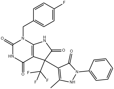 1H-Pyrrolo[2,3-d]pyrimidine-2,4,6(3H)-trione,5-(2,5-dihydro-3-methyl-5-oxo-1-phenyl-1H-pyrazol-4-yl)-1-[(4-fluorophenyl)methyl]-5,7-dihydro-5-(trifluoromethyl)-(9CI) 化学構造式