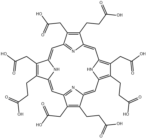 3,8,13,17-tetrakis(carboxymethyl)-21H,23H-Porphine-2,7,12,18-tetrapropanoic acid,613-02-5,结构式