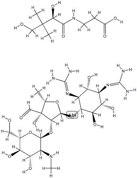 d-Streptamine, O-2-deoxy-2-(methylamino)-alpha-l-glucopyranosyl-(1->2)-O-5-deoxy-3-C-formyl-alpha-l-lyxofuranosyl-(1->4)-N,N'-bis(aminoiminomethyl)-, compd. with (R)-N-(2,4-dihydroxy-3,3-dimethyl-1-oxobutyl)-beta-alanine (1:1)  Struktur