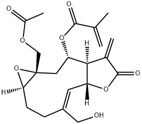 2-Methylpropenoic acid (1aR,4Z,5aR,8aR,9S,10aS)-10a-acetoxymethyl-1a,2,3,5a,7,8,8a,9,10,10a-decahydro-4-hydroxymethyl-8-methylene-7-oxooxireno[5,6]cyclodeca[1,2-b]furan-9-yl ester,62687-46-1,结构式