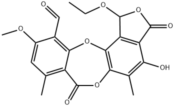 1-Ethoxy-1,3-dihydro-4-hydroxy-10-methoxy-5,8-dimethyl-3,7-dioxo-7H-isobenzofuro[4,5-b][1,4]benzodioxepin-11-carbaldehyde Struktur