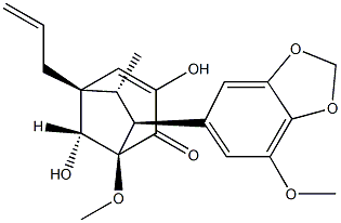 (1R,8-syn)-3,8-ジヒドロキシ-1-メトキシ-7β-(7-メトキシ-1,3-ベンゾジオキソール-5-イル)-6α-メチル-5α-アリルビシクロ[3.2.1]オクタ-3-エン-2-オン 化学構造式