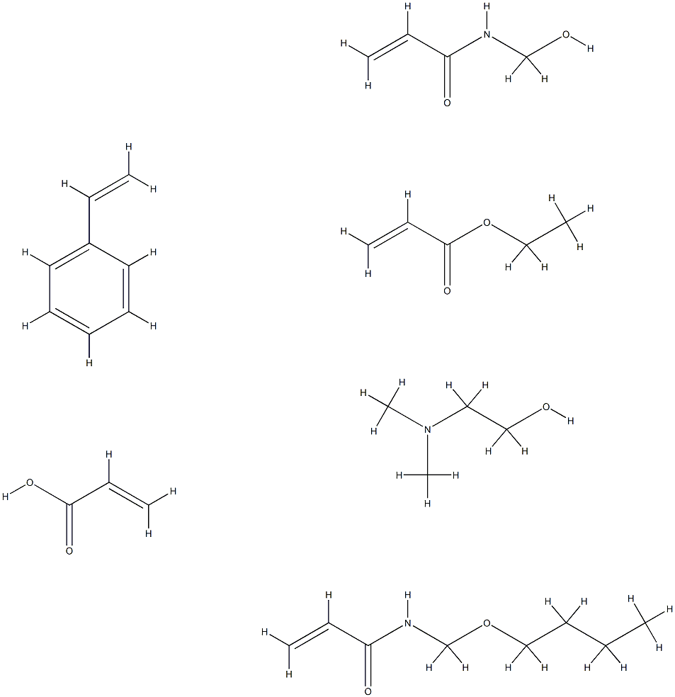 2-Propenoic acid, polymer with N-(butoxymethyl)-2-propenamide, ethenylbenzene, ethyl 2-propenoate and N-(hydroxymethyl)-2-propenamide, compd. with 2-(dimethylamino)ethanol 化学構造式