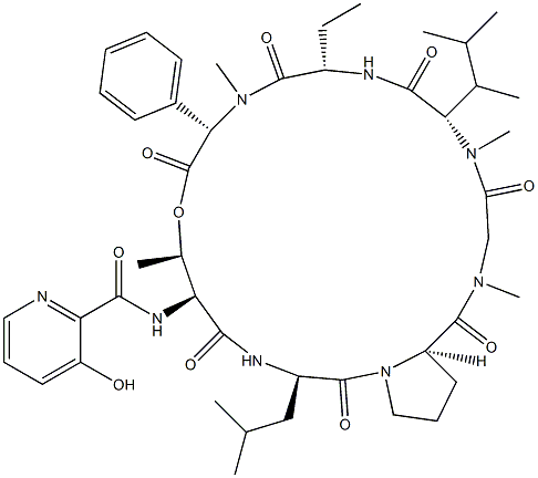 N-(3-Hydroxy-2-pyridinylcarbonyl)-cyclo[L-Thr*-D-Leu-D-Pro-Sar-N-methyl-2-(1,2-dimethylpropyl)L-Gly-L-Abu-N-methyl-L-phenyl Gly-] Struktur