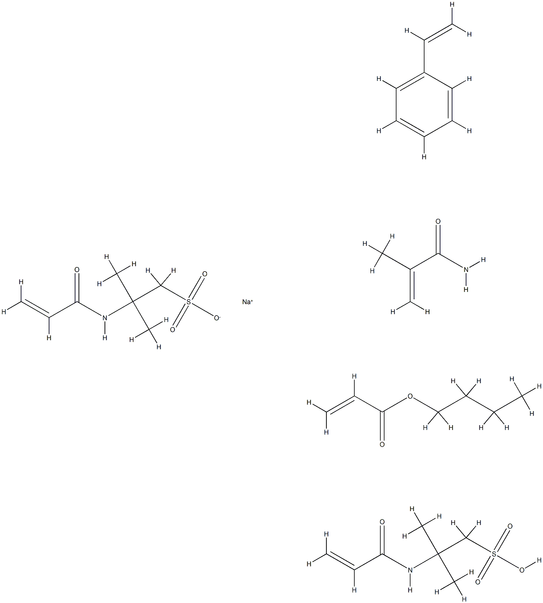2-Propenoic acid, butyl ester, polymer with ethenylbenzene, 2-methyl-2-[(1-oxo-2-propenyl) amino]-1-propanesulfonic acid, 2-methyl-2-[(1-oxo-2-propenyl) amino]-1-propanesulfonic acid monosodium salt and 2-methyl-2-propenamide Struktur