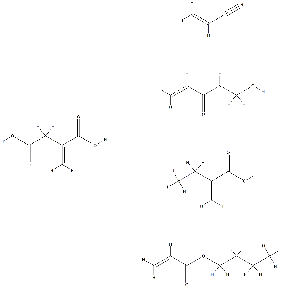 Butanedioic acid, methylene-, polymer with butyl 2-propenoate, ethyl 2-propenoate, N-(hydroxymethyl)-2-propenamide and 2-propenenitrile Structure
