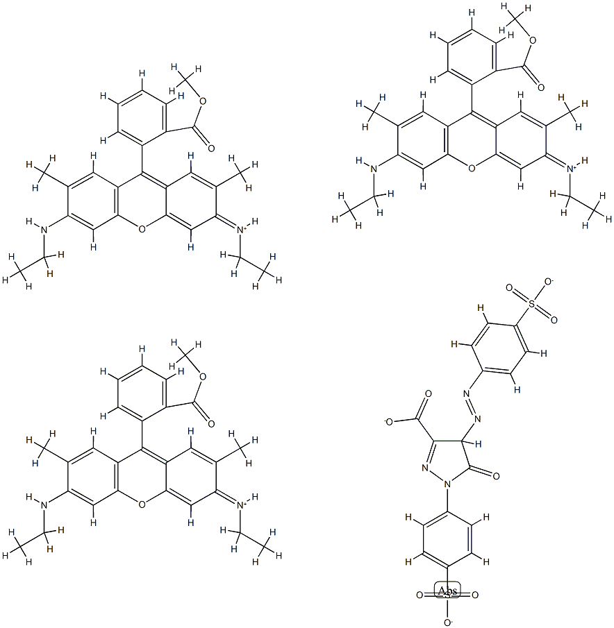 3,6-bis(ethylamino)-9-[2-(methoxycarbonyl)phenyl]-2,7-dimethylxanthylium, salt with 4,5-dihydro-5-oxo-1-(4-sulphophenyl)-4-[(4-sulphophenyl)azo]-1H-pyrazole-3-carboxylic acid (3:1) Struktur