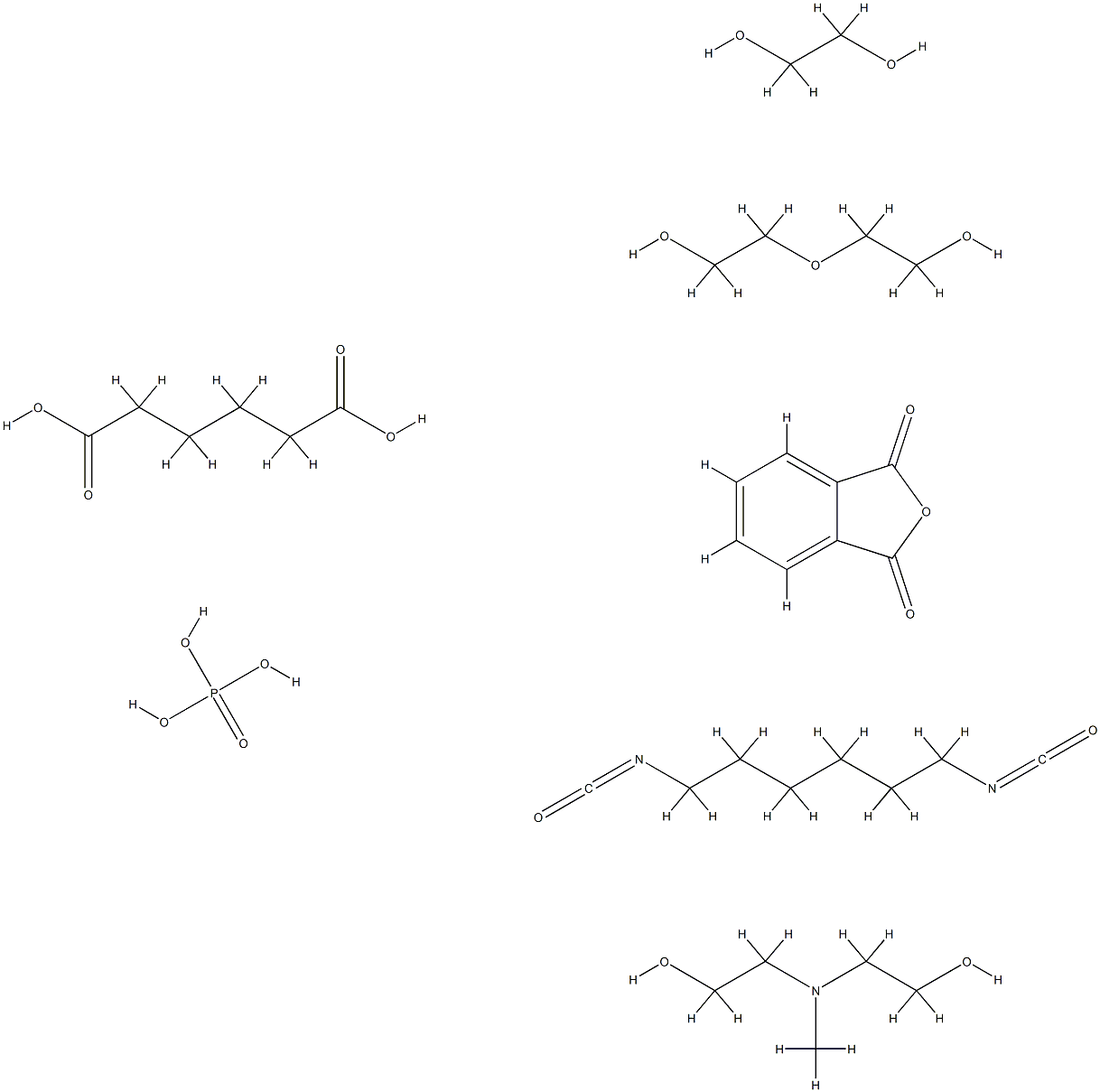 己二酸与1,6-二异氰酸根合己烷、1,2-乙二醇、邻苯二甲酸酐、2,2'-(甲亚氨基)双(乙醇)、2,2'-氧基双(乙醇)和聚合物磷酸盐,67892-87-9,结构式