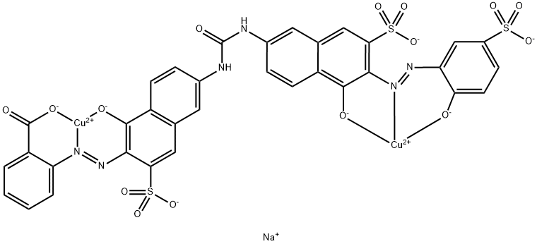 trisodium [mu-[2-[[1-hydroxy-6-[[[[5-hydroxy-6-[(2-hydroxy-5-sulphophenyl)azo]-7-sulpho-2-naphthyl]amino]carbonyl]amino]-3-sulpho-2-naphthyl]azo]benzoato(7-)]]dicuprate(3-) 化学構造式