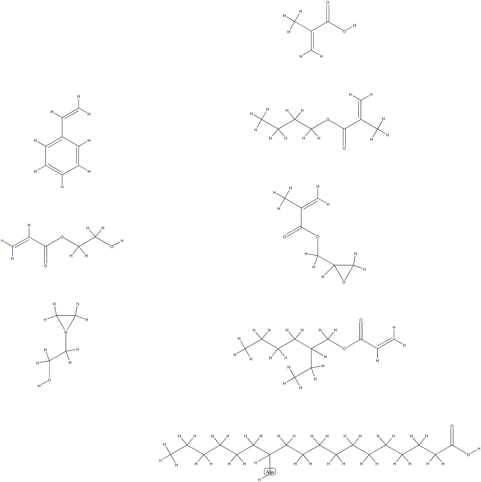 Octadecanoic acid, 12-hydroxy-, polymer with butyl 2-methyl-2-propenoate, ethenylbenzene, 2-ethylhexyl 2-propenoate, 2-hydroxyethyl 2-propenoate, 2-methyl-2-propenoic acid and oxiranylmethyl 2-methyl-2-propenoate, 1-aziridineethanol-terminated Structure