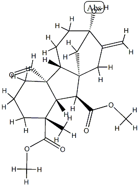 4aα-ホルミル-7-ヒドロキシ-1β-メチル-8-メチレンギバン-1α,10β-ジカルボン酸ジメチル 化学構造式