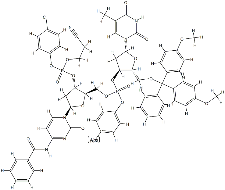 3'-Cytidylic acid, 5'-O-[bis(4-methoxyphenyl)phenylmethyl]-P-(4-chlorophenyl)thymidylyl-(3'->5')-N-benzoyl-2'-deoxy-, 4-chlorophenyl 2-cyanoethyl ester,69822-83-9,结构式