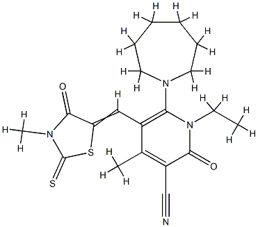 6-(azepan-1-yl)-1-ethyl-4-methyl-5-[(3-methyl-4-oxo-2-sulfanylidene-thiazolidin-5-ylidene)methyl]-2-oxo-pyridine-3-carbonitrile Struktur