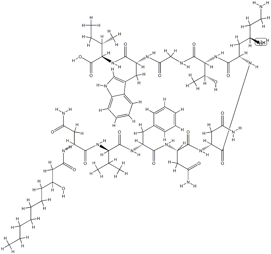 N2-(3-ヒドロキシ-1-オキソデシル)-D-Asn-D-Val-D-Phe-L-Asn-D-Asn-[(4R)-4-ヒドロキシ-L-Lys-]-D-aThr-Gly-D-Trp-D-aIle-OH 化学構造式