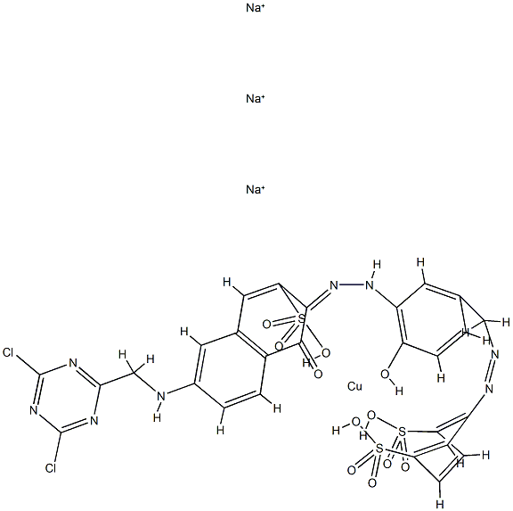 trisodium [2-[[4-[[6-[(4,6-dichloro-1,3,5-triazin-2-yl)methylamino]-1-hydroxy-3-sulpho-2-naphthyl]azo]-5-hydroxy-o-tolyl]azo]benzene-1,4-disulphonato(5-)]cuprate(3-) 化学構造式