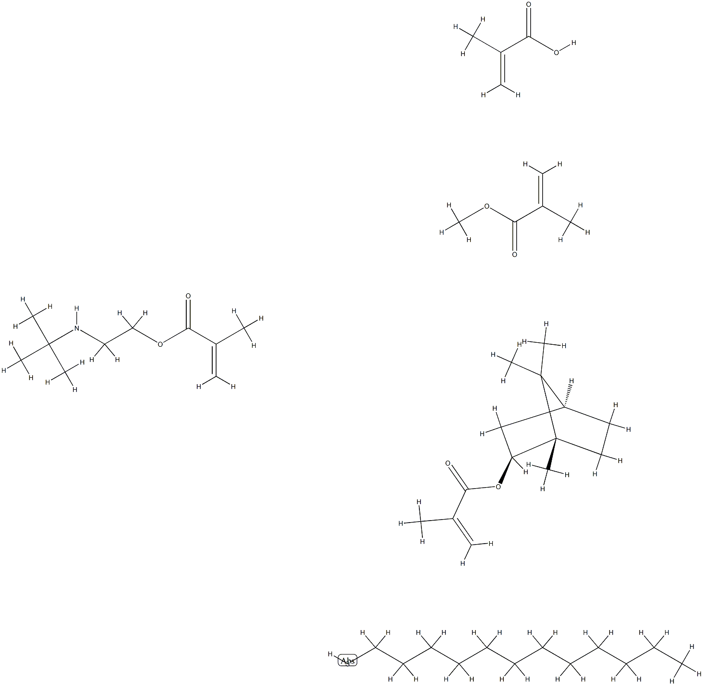 2-甲基-2-丙烯酸与2-甲基-2-丙烯酸-2-[(1,1-二甲乙基)氨基]乙酯、1-十二烷硫醇-2-甲基丙烯酸甲酯、2-甲基-丙烯酸环外-1,7,7-三甲基二环[2.2.1]庚-2-酯和2-甲基-2-丙烯酸的调聚物,71042-85-8,结构式