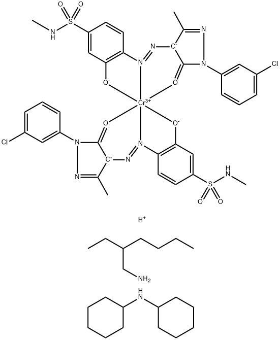 Chromate(1-), bis[4-[[1-(3-chlorophenyl)-4,5-dihydro-3-methyl-5-oxo-1H-pyrazol-4-yl]azo]-3-hydroxy-N-methylbenzenesulfonamido(2-)]-, compds. with N-cyclohexylcyclohexanamine and 2-ethyl-1-hexanamine|二[4-[[1-(3-氯苯基)-4,5-二氢-3-甲基-5-氧代-1H-吡唑基-4-基]偶氮基]-3-羟基-N-甲基苯磺酰胺]合铬(III)酸与N-环己基环己胺和2-乙基己胺的化合物