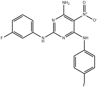 N~2~-(3-fluorophenyl)-N~4~-(4-fluorophenyl)-5-nitropyrimidine-2,4,6-triamine 结构式