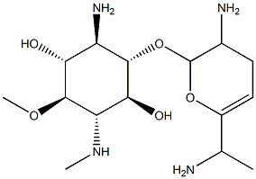 4-Amino-3-O-[3-amino-6-(1-aminoethyl)-3,4-dihydro-2H-pyran-2-yl]-1,4-dideoxy-6-O-methyl-1-(methylamino)-L-scyllo-inositol 结构式