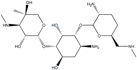 6-O-(4-C-Methyl-3-methylamino-3-deoxy-β-L-arabinopyranosyl)-4-O-(2-amino-6-methylamino-2,3,4,6-tetradeoxy-α-D-erythro-hexopyranosyl)-3-amino-2,3-dideoxy-D-myo-inositol Structure